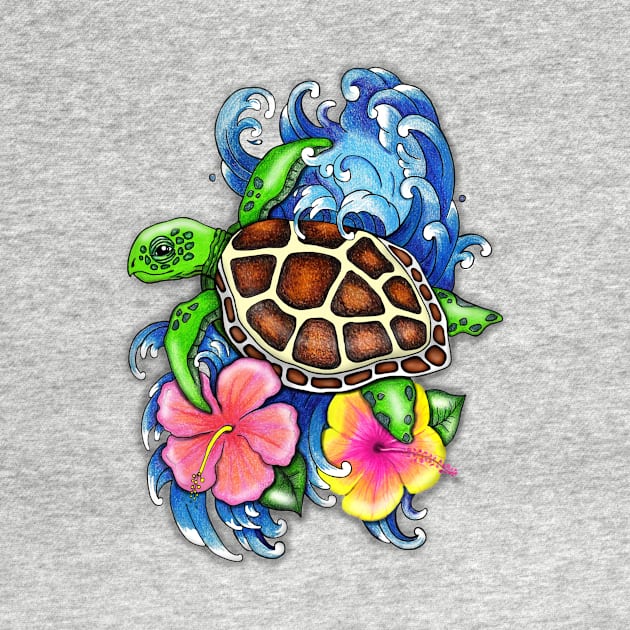 Tropical Sea Turtle and Hibiscus by SandraGale Art